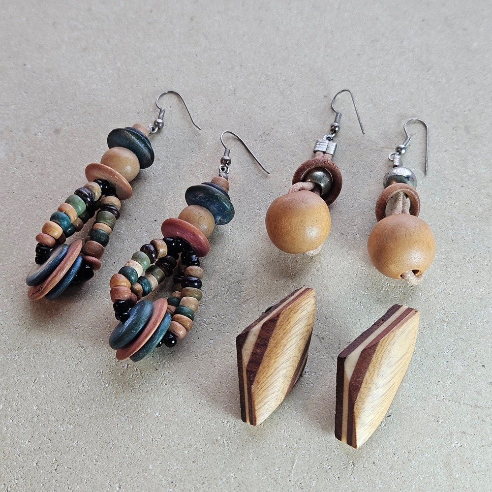 Vintage 80s 90s Handcrafted Wooden Earring Set 3 Boho Beaded Dangle Studs